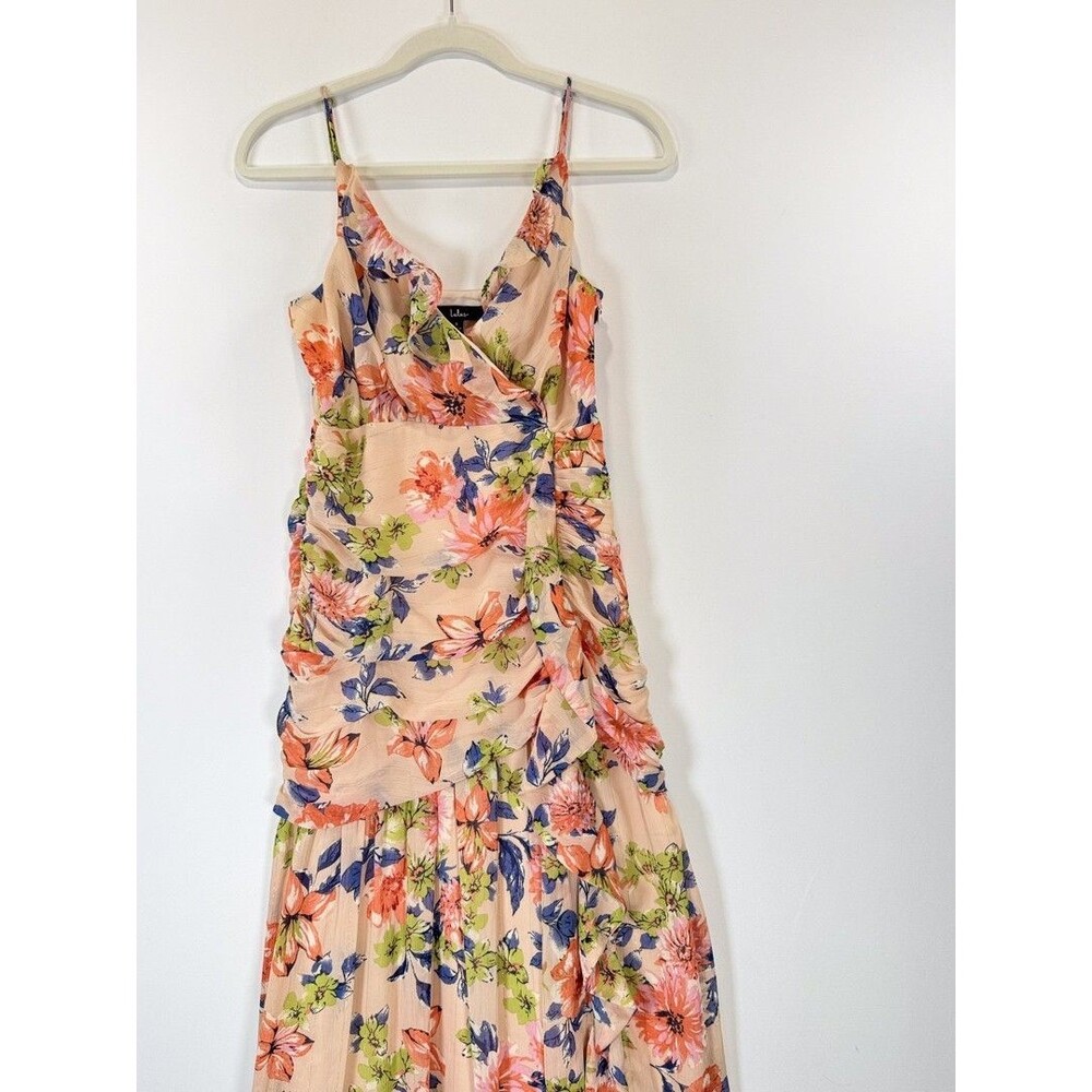 Lulus Dress Blush Pink Stunning Soiree Floral Ruched Midi V Neck Chiffon Small - Picture 6 of 12